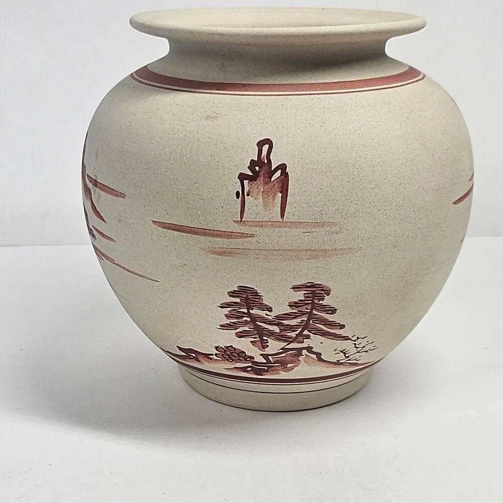 Kutani Satsuma Vase Planter Vintage Red Scenic Handpainted Porcelain Japan